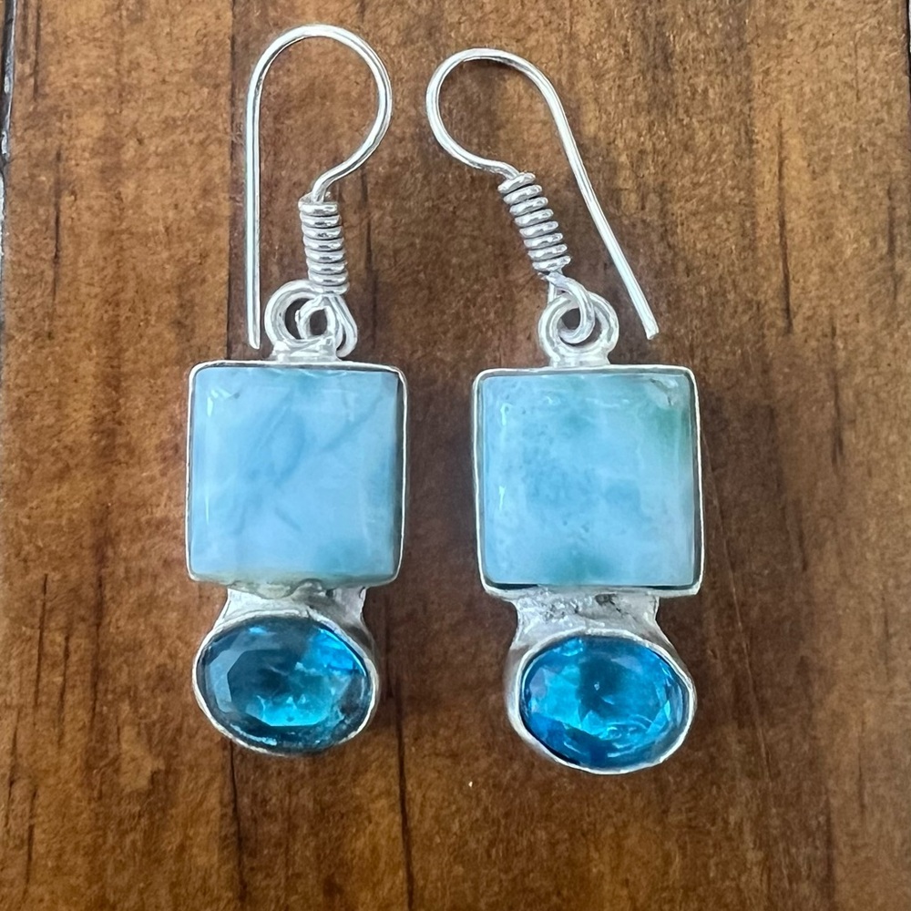 LARIMAR & BLUE TOPAZ EARRINGS IN 925 STERLING SILVER